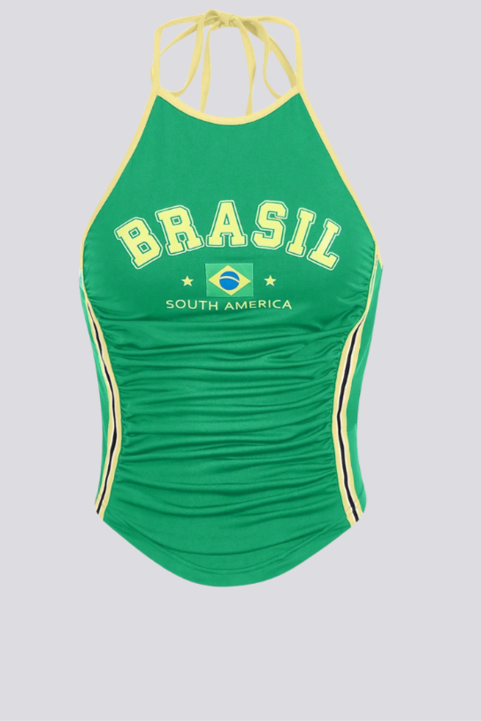 Top Verão Esportivo Com Padrão De Letras Contraste De Cores Plissado Com Gola Halter