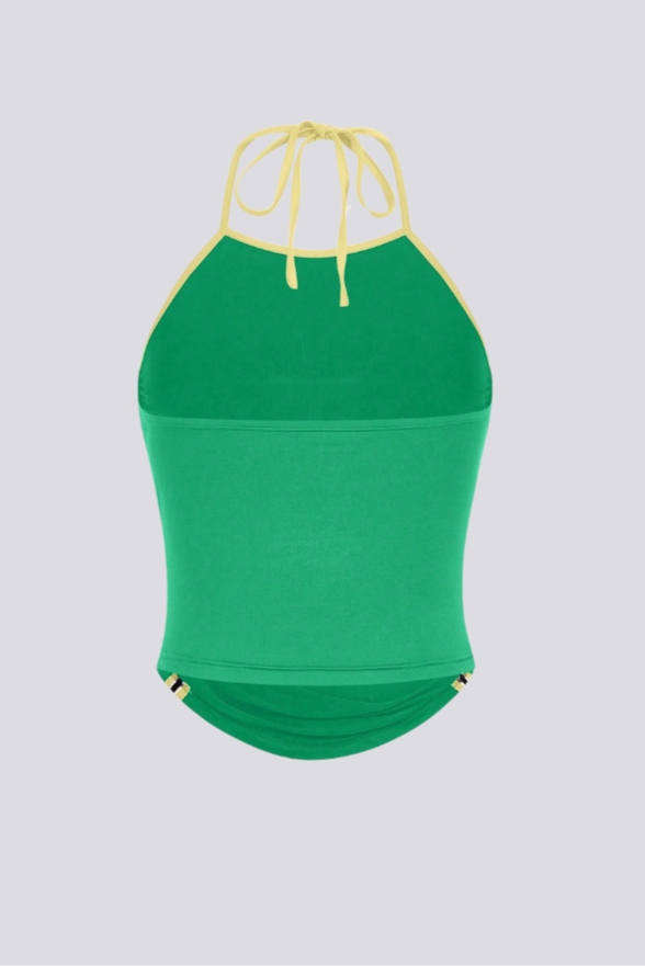 Top Verão Esportivo Com Padrão De Letras Contraste De Cores Plissado Com Gola Halter